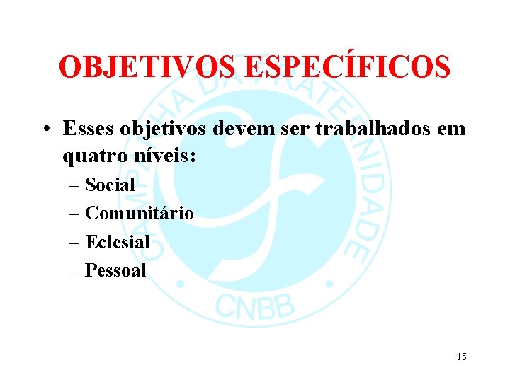 OBJETIVOS ESPECÍFICOS • Esses objetivos devem ser trabalhados em quatro níveis: – Social –