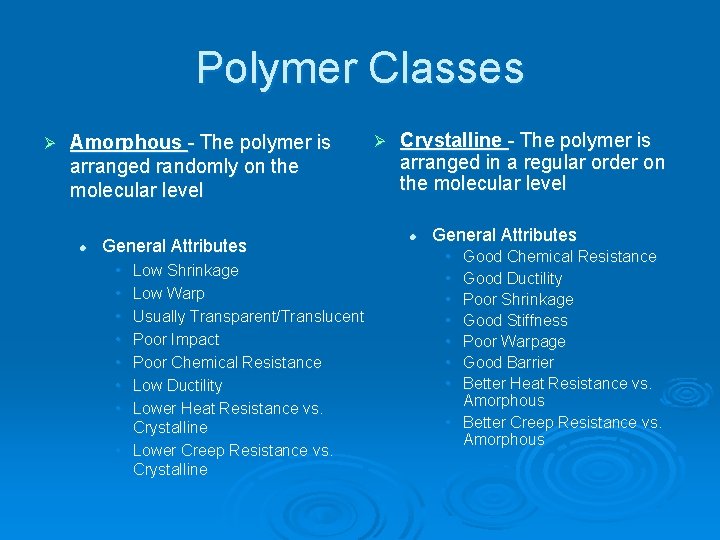 Polymer Classes Ø Amorphous - The polymer is arranged randomly on the molecular level