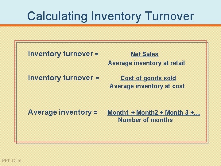 Calculating Inventory Turnover Inventory turnover = Net Sales Average inventory at retail Inventory turnover
