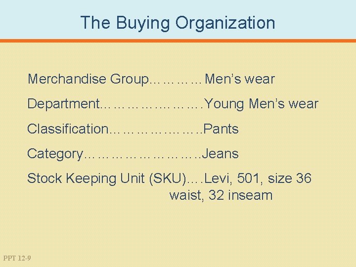 The Buying Organization Merchandise Group…………Men’s wear Department…………. Young Men’s wear Classification…………. . Pants Category………….