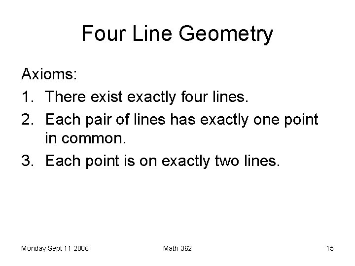 Four Line Geometry Axioms: 1. There exist exactly four lines. 2. Each pair of