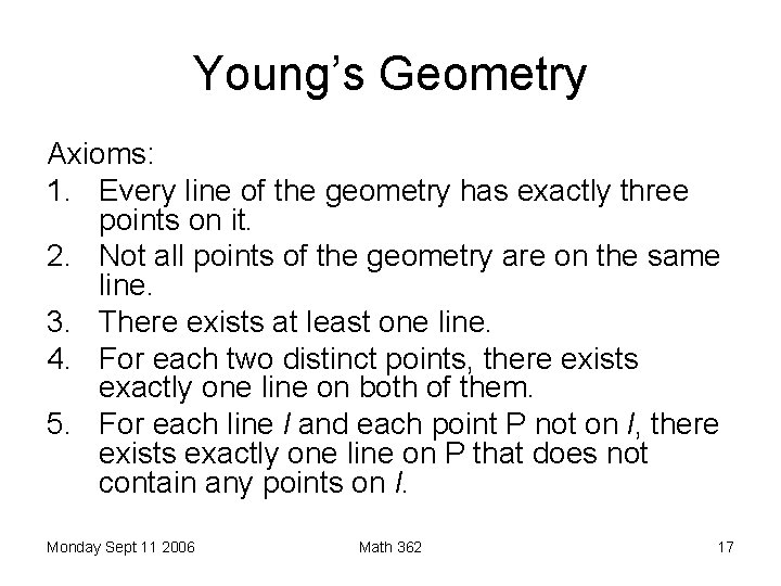 Young’s Geometry Axioms: 1. Every line of the geometry has exactly three points on