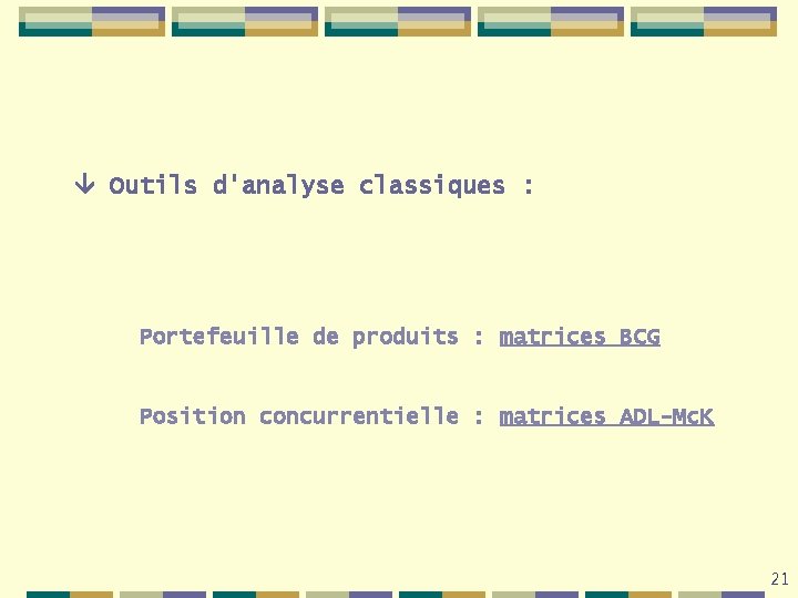  Outils d'analyse classiques : Portefeuille de produits : matrices BCG Position concurrentielle :