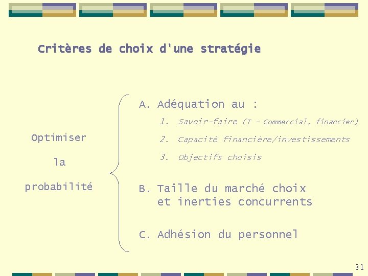 Critères de choix d'une stratégie A. Adéquation au : 1. Savoir-faire (T – Commercial,