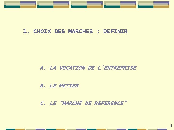 1. CHOIX DES MARCHES : DEFINIR A. LA VOCATION DE L'ENTREPRISE B. LE METIER