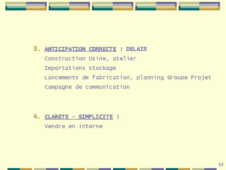 3. ANTICIPATION CORRECTE : DELAIS Construction Usine, atelier Importations stockage Lancements de fabrication, planning