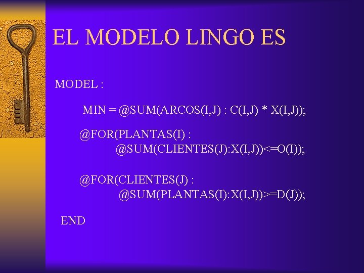 EL MODELO LINGO ES MODEL : MIN = @SUM(ARCOS(I, J) : C(I, J) *