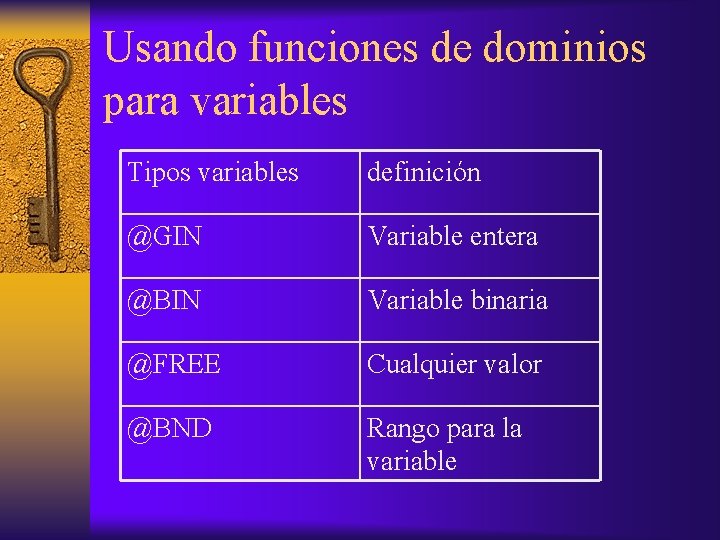 Usando funciones de dominios para variables Tipos variables definición @GIN Variable entera @BIN Variable