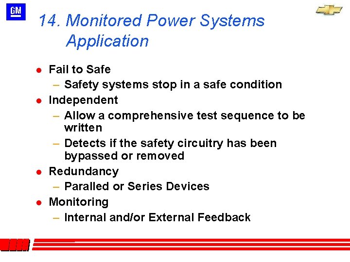 14. Monitored Power Systems Application l l Fail to Safe – Safety systems stop 14. Monitored Power Systems Application l l Fail to Safe – Safety systems stop