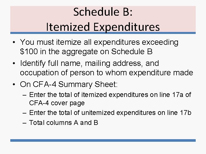 Schedule B: Itemized Expenditures • You must itemize all expenditures exceeding $100 in the