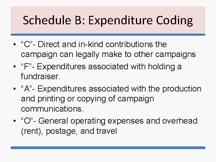 Schedule B: Expenditure Coding • “C”- Direct and in-kind contributions the campaign can legally