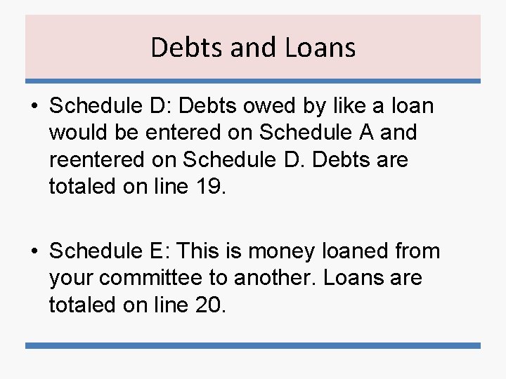 Debts and Loans • Schedule D: Debts owed by like a loan would be