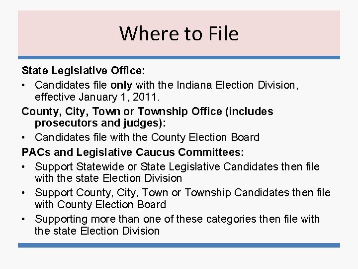 Where to File State Legislative Office: • Candidates file only with the Indiana Election