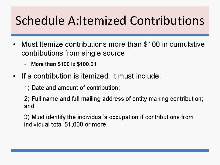 Schedule A: Itemized Contributions • Must Itemize contributions more than $100 in cumulative contributions