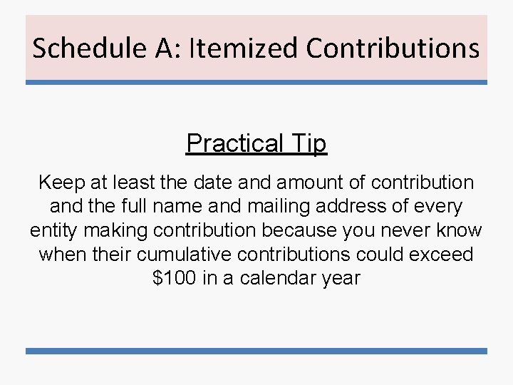 Schedule A: Itemized Contributions Practical Tip Keep at least the date and amount of