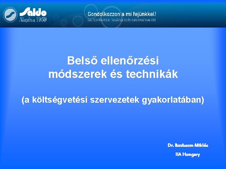 Belső ellenőrzési módszerek és technikák (a költségvetési szervezetek gyakorlatában) Dr. Buxbaum Miklós IIA Hungary