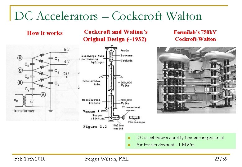 DC Accelerators – Cockcroft Walton How it works Cockcroft and Walton’s Original Design (~1932)