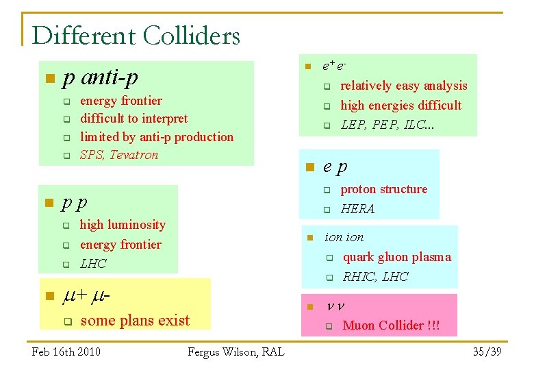 Different Colliders n p anti-p q q n energy frontier difficult to interpret limited