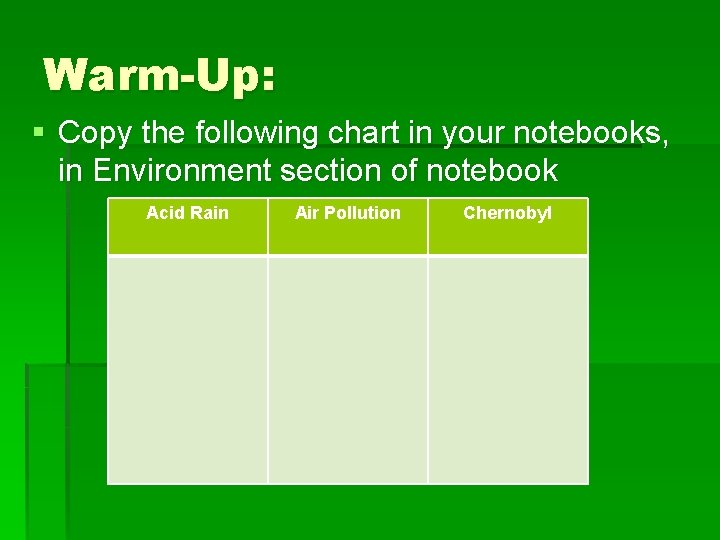 Warm-Up: § Copy the following chart in your notebooks, in Environment section of notebook