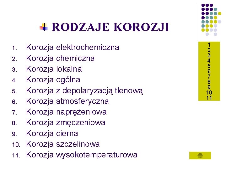 RODZAJE KOROZJI 1. 2. 3. 4. 5. 6. 7. 8. 9. 10. 11. Korozja