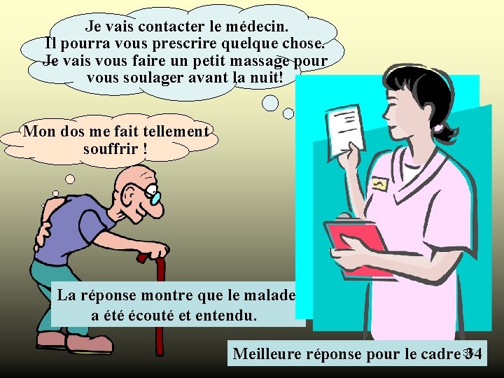 Je vais contacter le médecin. Il pourra vous prescrire quelque chose. Je vais vous