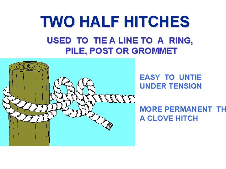 TWO HALF HITCHES USED TO TIE A LINE TO A RING, PILE, POST OR TWO HALF HITCHES USED TO TIE A LINE TO A RING, PILE, POST OR