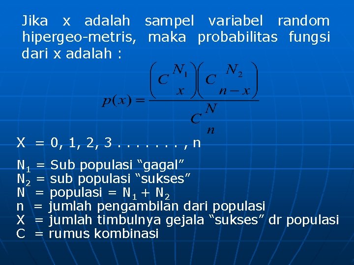 Jika x adalah sampel variabel random hipergeo-metris, maka probabilitas fungsi dari x adalah :