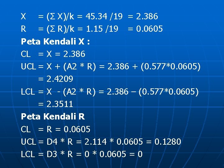 X = (Σ X)/k = 45. 34 /19 = 2. 386 R = (Σ