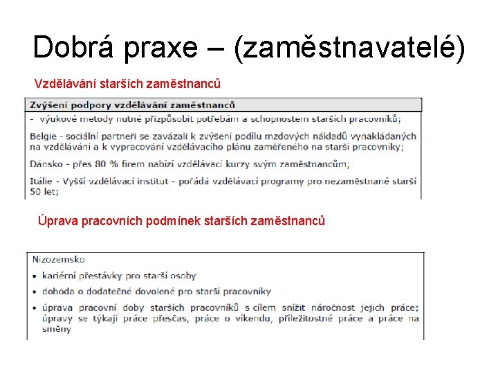 Dobrá praxe – (zaměstnavatelé) Vzdělávání starších zaměstnanců Úprava pracovních podmínek starších zaměstnanců 