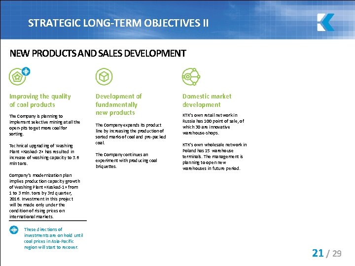 STRATEGIC LONG-TERM OBJECTIVES II NEW PRODUCTS AND SALES DEVELOPMENT Improving the quality of coal