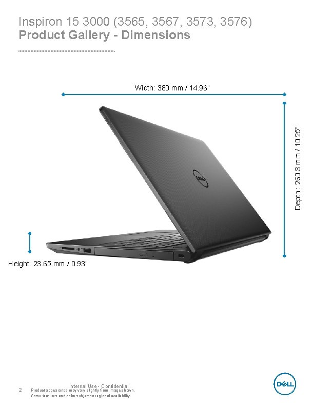 Inspiron 15 3000 (3565, 3567, 3573, 3576) Product Gallery - Dimensions Depth : 260.