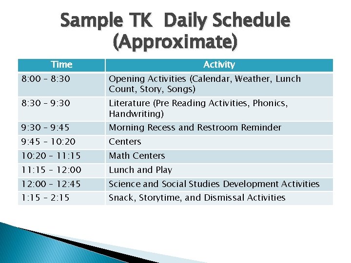 Sample TK Daily Schedule (Approximate) Time Activity 8: 00 – 8: 30 Opening Activities