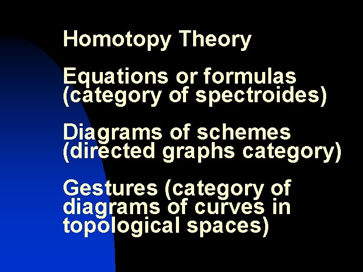 Homotopy Theory Equations or formulas (category of spectroides) Diagrams of schemes (directed graphs category)