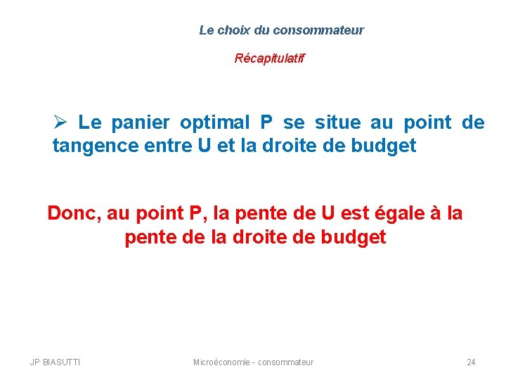 Le choix du consommateur Récapitulatif Ø Le panier optimal P se situe au point Le choix du consommateur Récapitulatif Ø Le panier optimal P se situe au point