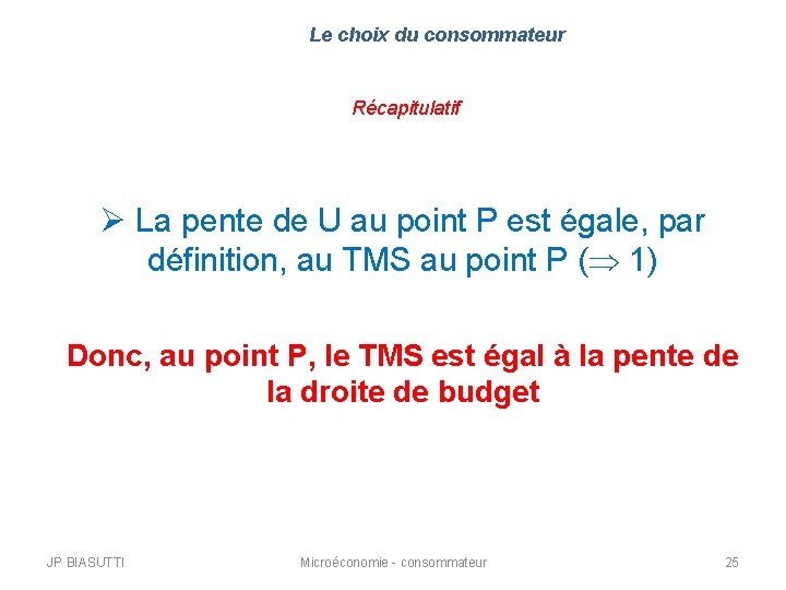 Le choix du consommateur Récapitulatif Ø La pente de U au point P est Le choix du consommateur Récapitulatif Ø La pente de U au point P est
