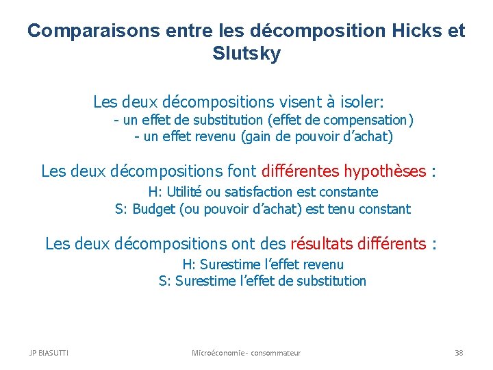 Comparaisons entre les décomposition Hicks et Slutsky Les deux décompositions visent à isoler: - Comparaisons entre les décomposition Hicks et Slutsky Les deux décompositions visent à isoler: -