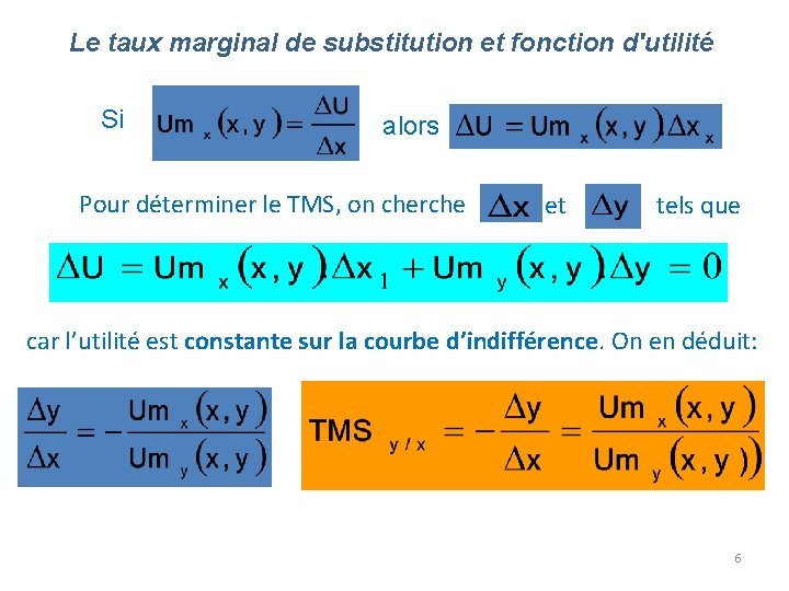 Le taux marginal de substitution et fonction d'utilité Si alors Pour déterminer le TMS, Le taux marginal de substitution et fonction d'utilité Si alors Pour déterminer le TMS,