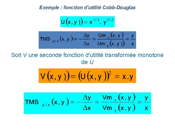 Exemple : fonction d'utilité Cobb-Douglas Soit V une seconde fonction d'utilité transformée monotone de Exemple : fonction d'utilité Cobb-Douglas Soit V une seconde fonction d'utilité transformée monotone de