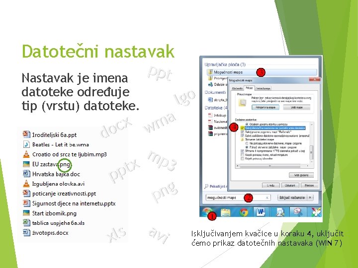 Datotečni nastavak Nastavak je imena datoteke određuje tip (vrstu) datoteke. ppt lgo a x