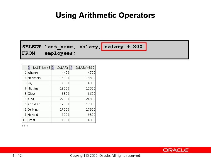 Using Arithmetic Operators SELECT last_name, salary + 300 FROM employees; … 1 - 12