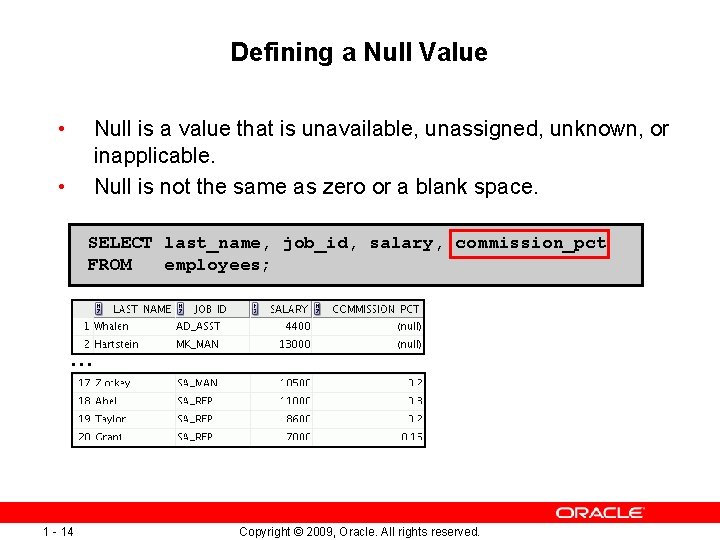 Defining a Null Value • Null is a value that is unavailable, unassigned, unknown,