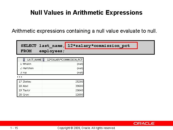 Null Values in Arithmetic Expressions Arithmetic expressions containing a null value evaluate to null.