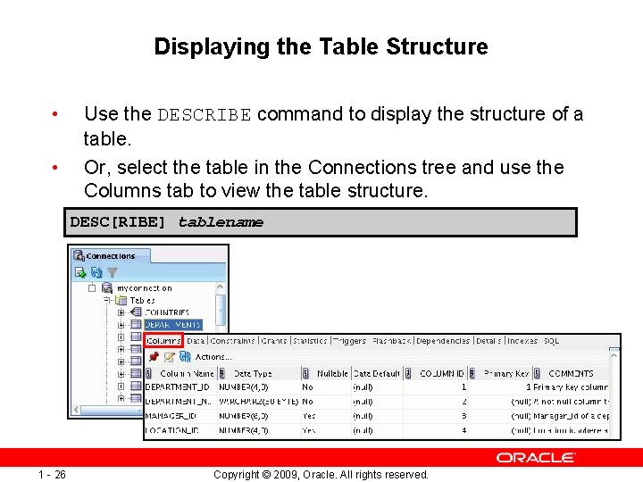 Displaying the Table Structure • • Use the DESCRIBE command to display the structure