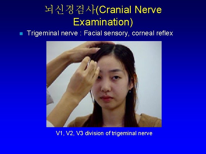 뇌신경검사(Cranial Nerve Examination) n Trigeminal nerve : Facial sensory, corneal reflex V 1, V