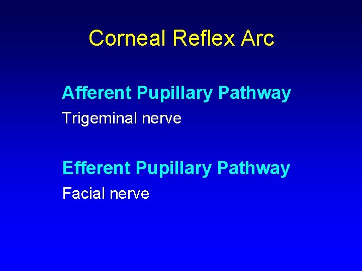 Corneal Reflex Arc Afferent Pupillary Pathway Trigeminal nerve Efferent Pupillary Pathway Facial nerve 