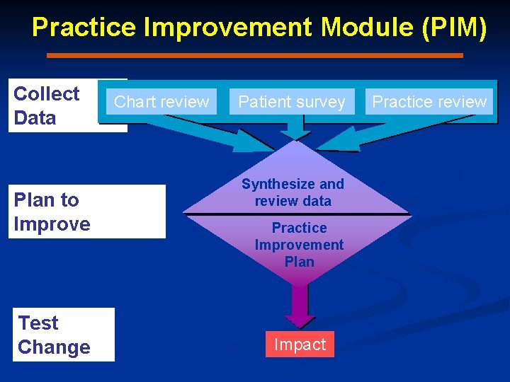 Practice Improvement Module (PIM) Collect Data Plan to Improve Chart review Patient survey Synthesize