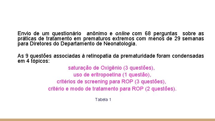 Envio de um questionário anônimo e online com 68 perguntas sobre as práticas de