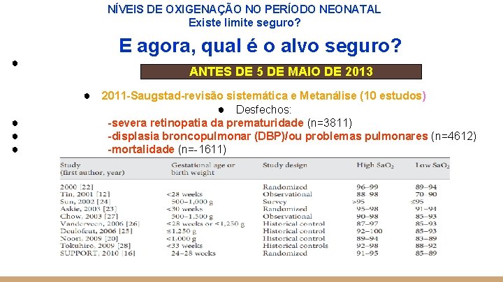 NÍVEIS DE OXIGENAÇÃO NO PERÍODO NEONATAL Existe limite seguro? ● E agora, qual é