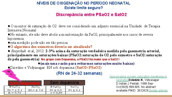 NÍVEIS DE OXIGENAÇÃO NO PERÍODO NEONATAL Existe limite seguro? Discrepância entre PSa. O 2