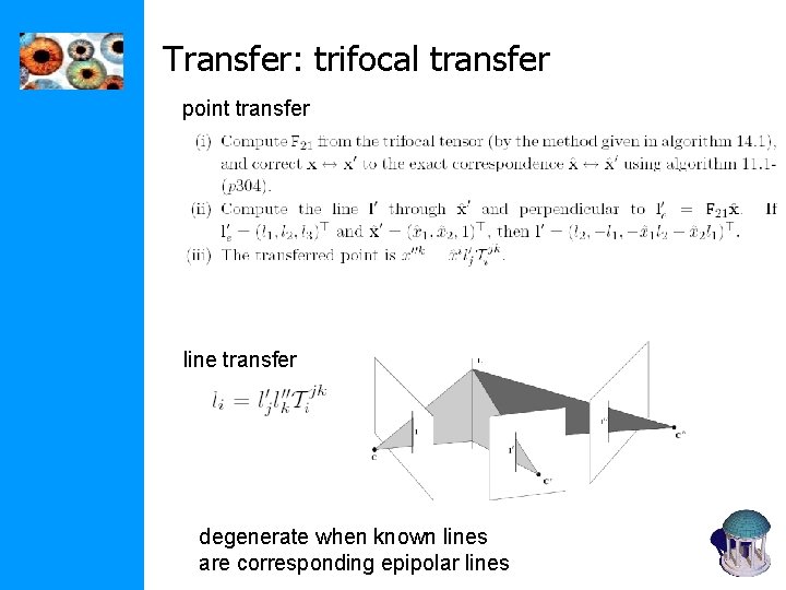 Transfer: trifocal transfer point transfer line transfer degenerate when known lines are corresponding epipolar